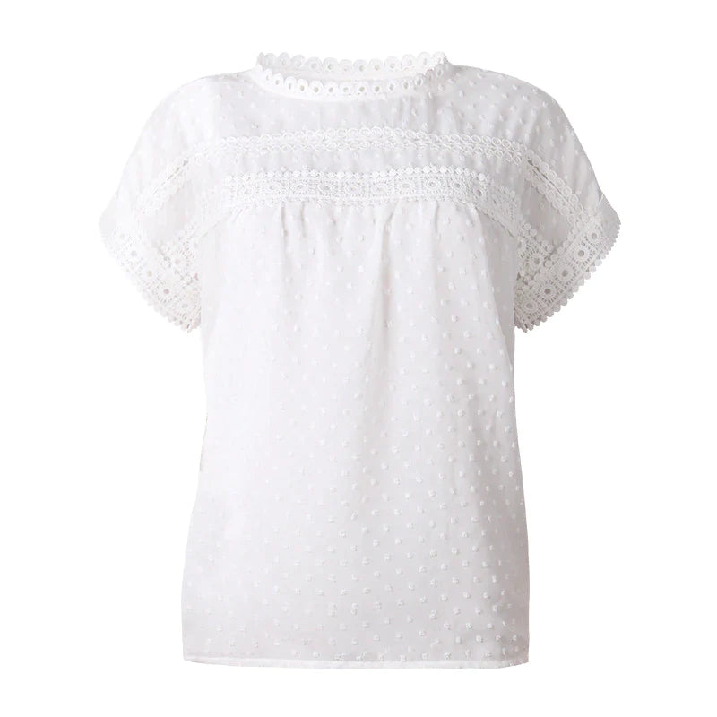 Tops- Women's Casual T-shirt Blouse with Lace Trim Details- - Pekosa Women Clothing