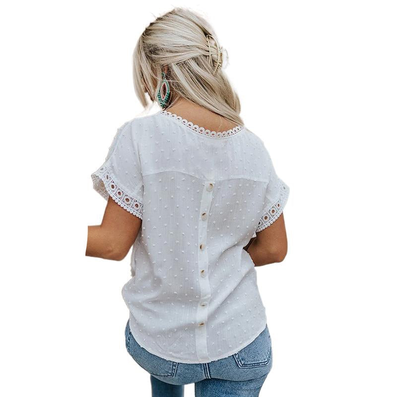 Tops- Women's Casual T-shirt Blouse with Lace Trim Details- - Pekosa Women Clothing