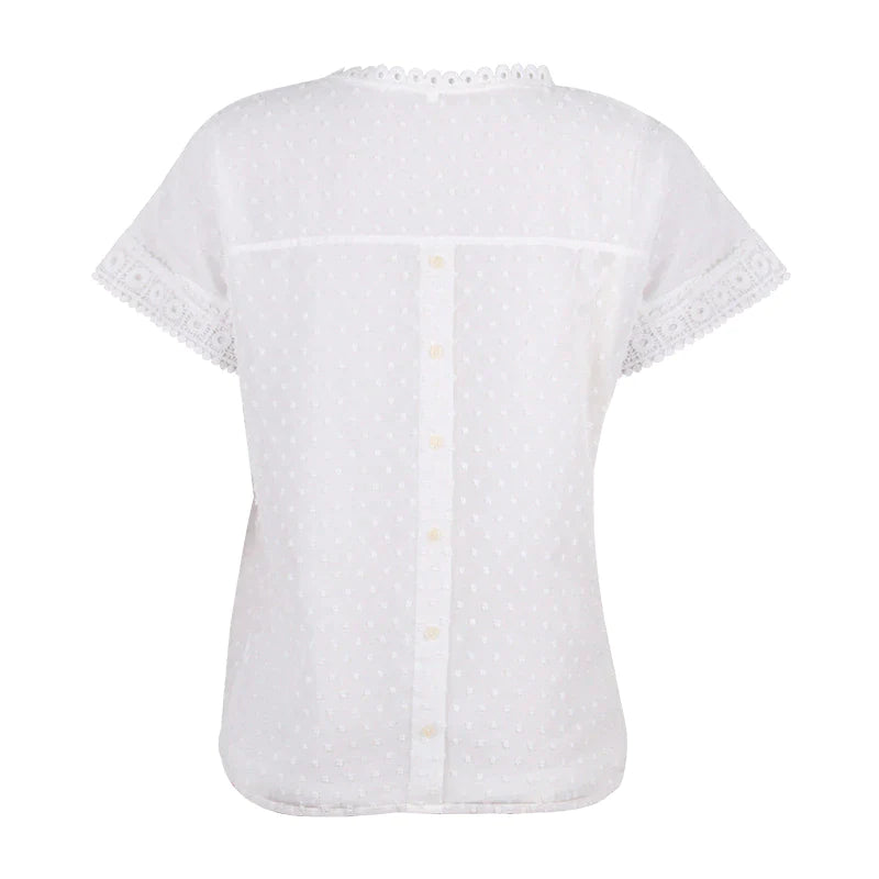 Tops- Women's Casual T-shirt Blouse with Lace Trim Details- - Pekosa Women Clothing