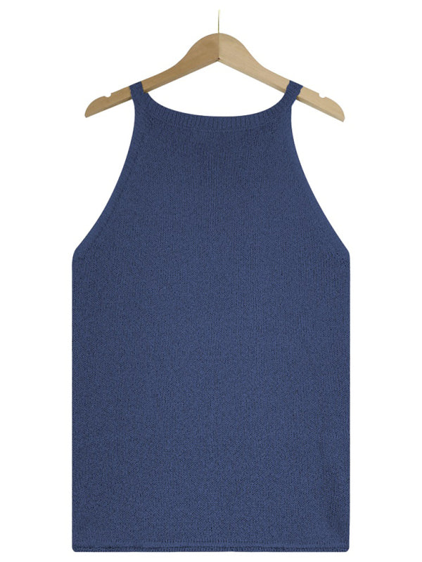 Tops- Women's Halter Neck Sleeveless Vest - Knit Top- - Pekosa Women Clothing