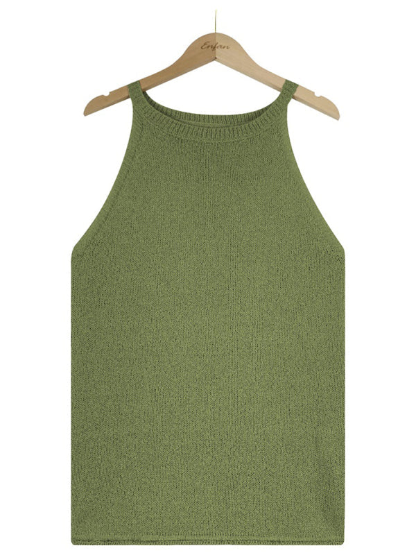 Tops- Women's Halter Neck Sleeveless Vest - Knit Top- - Pekosa Women Clothing