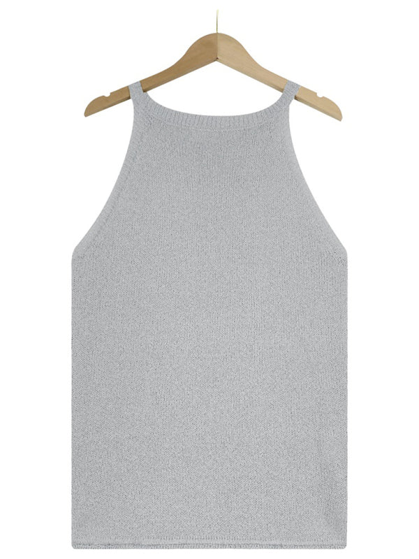 Tops- Women's Halter Neck Sleeveless Vest - Knit Top- - Pekosa Women Clothing