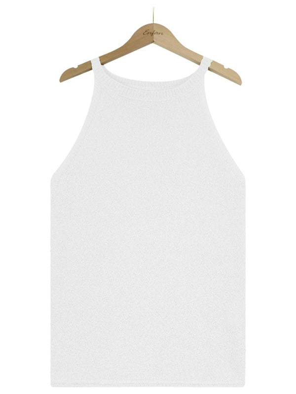 Tops- Women's Halter Neck Sleeveless Vest - Knit Top- - Pekosa Women Clothing