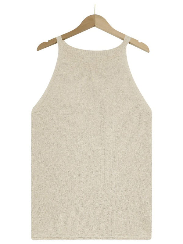 Tops- Women's Halter Neck Sleeveless Vest - Knit Top- - Pekosa Women Clothing