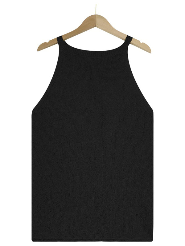 Tops- Women's Halter Neck Sleeveless Vest - Knit Top- - Pekosa Women Clothing