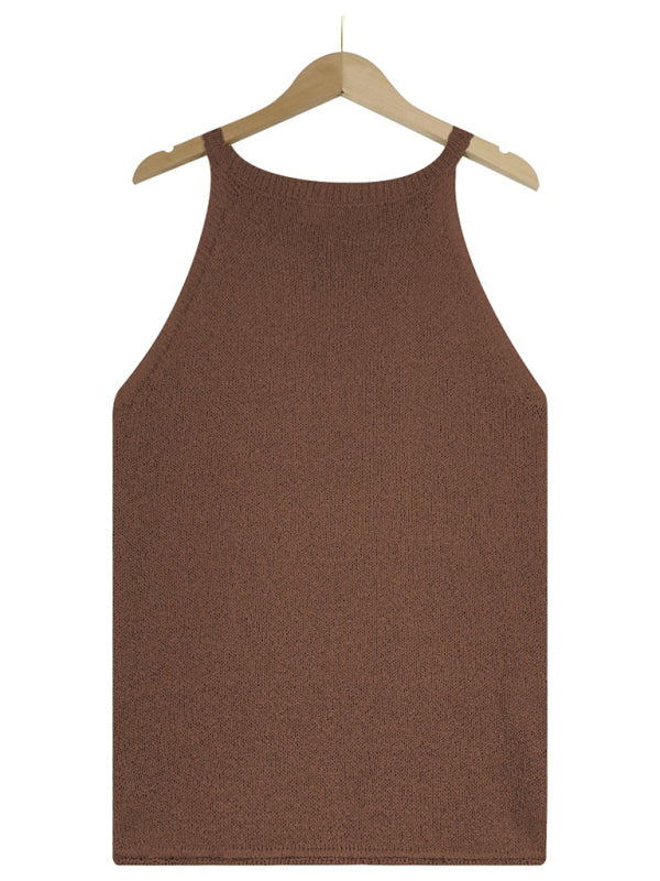 Tops- Women's Halter Neck Sleeveless Vest - Knit Top- - Pekosa Women Clothing