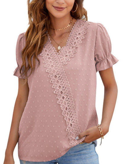 Tops- Women's Lace Trim Faux Wrap V-neck Clip Dot Puff Sleeve Blouse- Pink- Pekosa Women Clothing