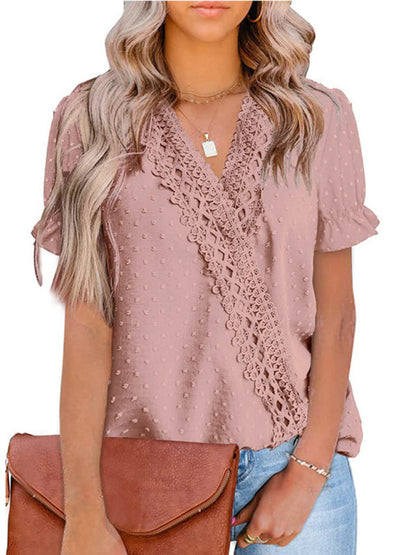 Tops- Women's Lace Trim Faux Wrap V-neck Clip Dot Puff Sleeve Blouse- - Pekosa Women Clothing