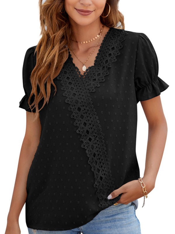 Tops- Women's Lace Trim Faux Wrap V-neck Clip Dot Puff Sleeve Blouse- Black- Pekosa Women Clothing