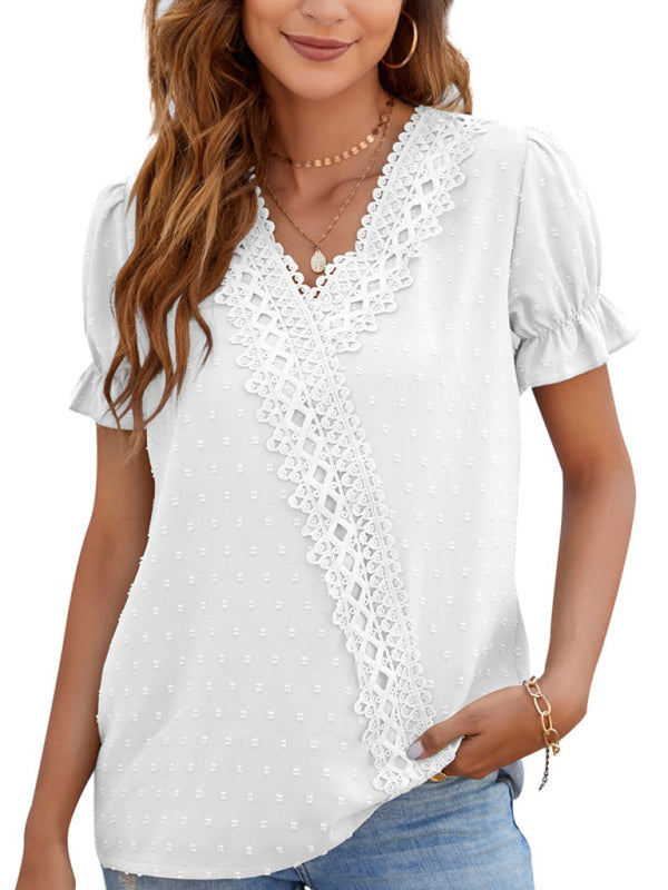 Tops- Women's Lace Trim Faux Wrap V-neck Clip Dot Puff Sleeve Blouse- - Pekosa Women Clothing