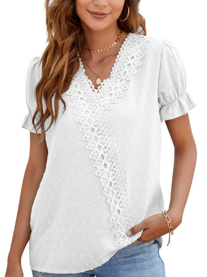 Tops- Women's Lace Trim Faux Wrap V-neck Clip Dot Puff Sleeve Blouse- - Pekosa Women Clothing