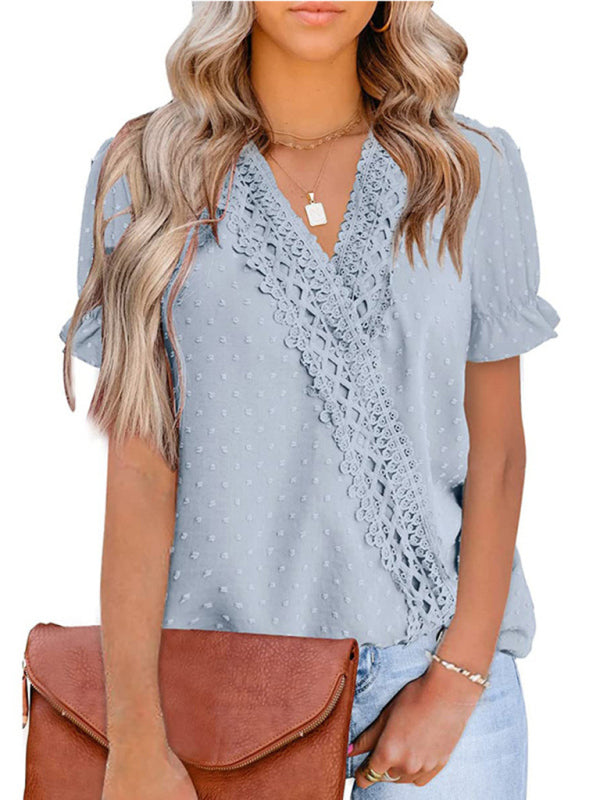 Tops- Women's Lace Trim Faux Wrap V-neck Clip Dot Puff Sleeve Blouse- - Pekosa Women Clothing