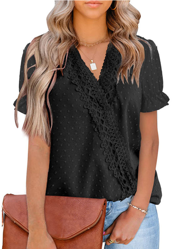 Tops- Women's Lace Trim Faux Wrap V-neck Clip Dot Puff Sleeve Blouse- - Pekosa Women Clothing