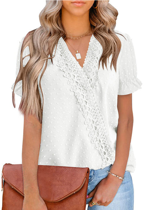 Tops- Women's Lace Trim Faux Wrap V-neck Clip Dot Puff Sleeve Blouse- White- Pekosa Women Clothing