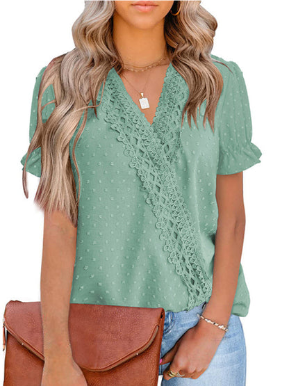 Tops- Women's Lace Trim Faux Wrap V-neck Clip Dot Puff Sleeve Blouse- Green- Pekosa Women Clothing