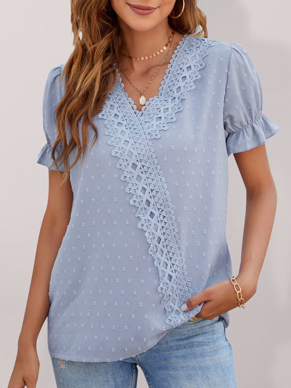 Tops- Women's Lace Trim Faux Wrap V-neck Clip Dot Puff Sleeve Blouse- Blue- Pekosa Women Clothing