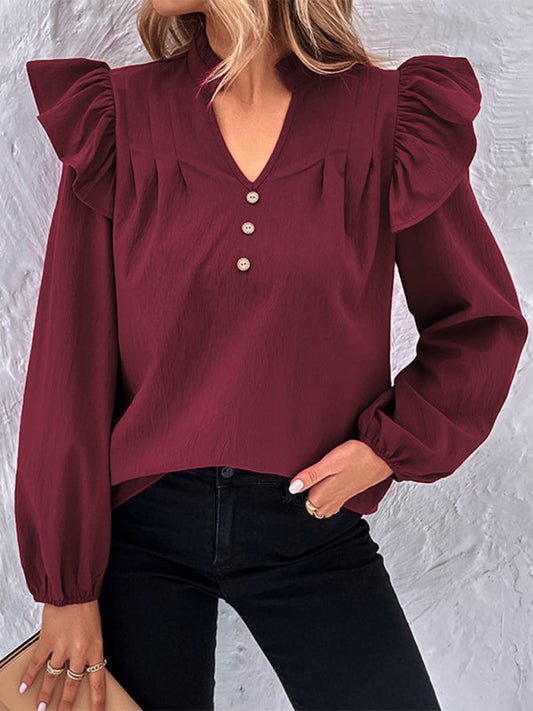 Tops- Women's Ruffle Long Sleeves Blouse with Buttons Decor & Ruffle Accents- Wine Red- Pekosa Women Clothing