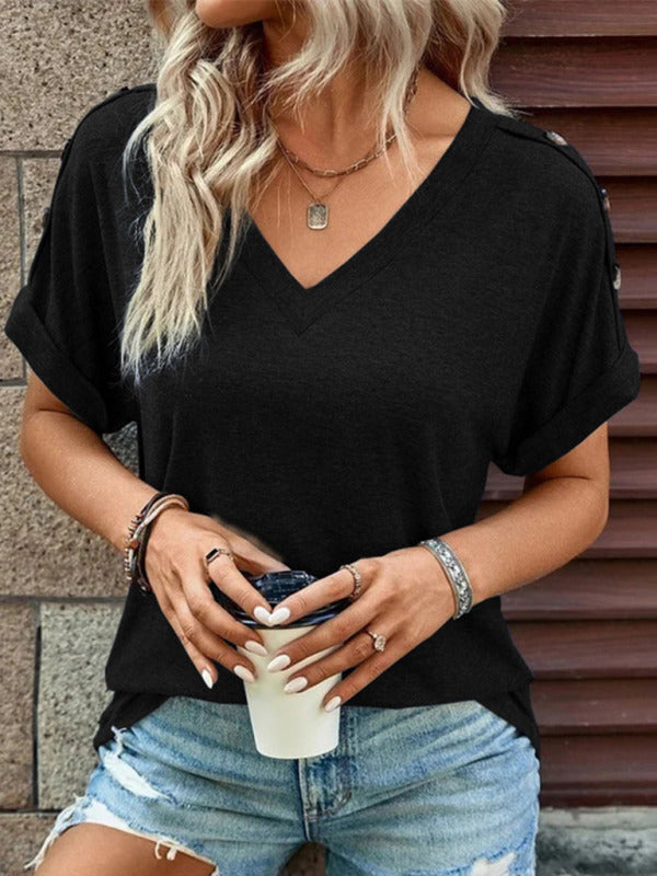 Tops- Women's V Neck Short Sleeves T-Shirt - Perfect for Any Occasion!- Black- Pekosa Women Clothing