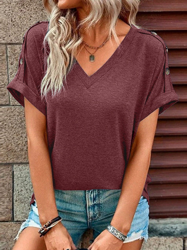 Tops- Women's V Neck Short Sleeves T-Shirt - Perfect for Any Occasion!- Wine Red- Pekosa Women Clothing