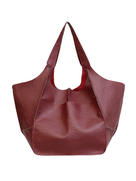 Tote Bags- Faux Leather Tote Shoulder Large Handbag- Wine Red- Pekosa Women Clothing