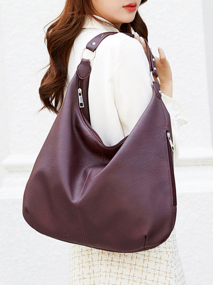 Tote Bags- Tote Shoulder Hobo Bag in Faux Leather- Wine Red- Pekosa Women Clothing