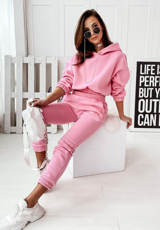 Tracksuit Set- Jogging Set Sweatpants and Crop Hoodie- Pink- Pekosa Women Clothing