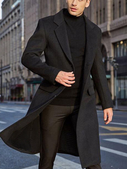 Trench Coats- Elegant Longline Windbreaker | Men's Notch Lapel Woolen Trench Coat- - Pekosa Women Clothing