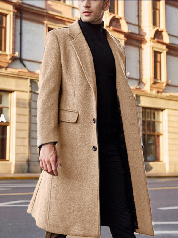 Trench Coats- Elegant Longline Windbreaker | Men's Notch Lapel Woolen Trench Coat- Khaki- Pekosa Women Clothing