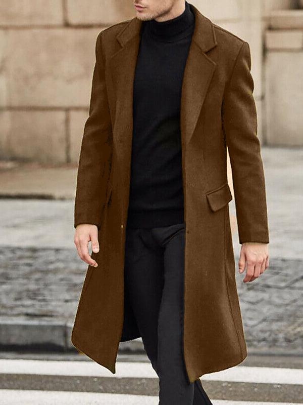 Trench Coats- Elegant Longline Windbreaker | Men's Notch Lapel Woolen Trench Coat- Brown- Pekosa Women Clothing