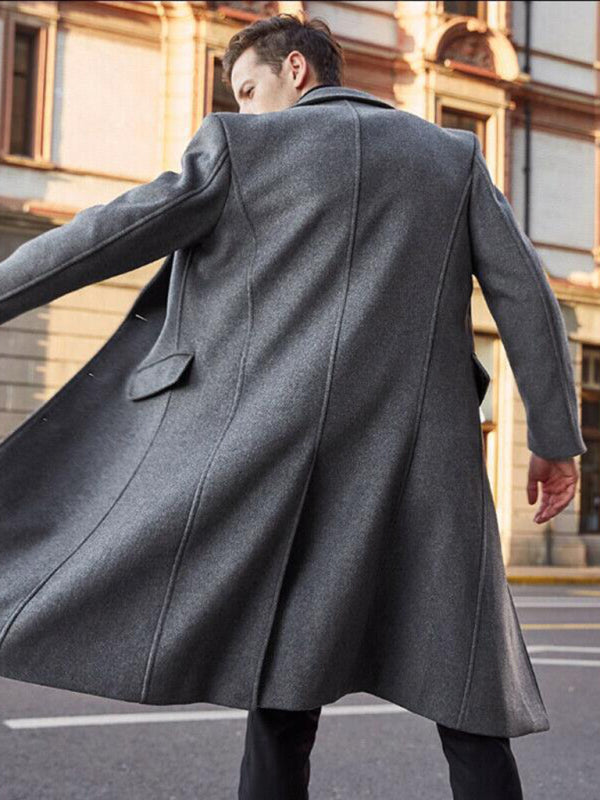 Trench Coats- Elegant Longline Windbreaker | Men's Notch Lapel Woolen Trench Coat- - Pekosa Women Clothing