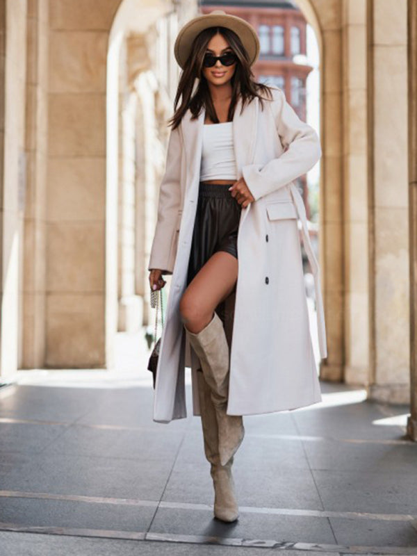 Trench Coats- Longline Double-Breasted Belted Peacoat | Trench Coat- White- Pekosa Women Clothing