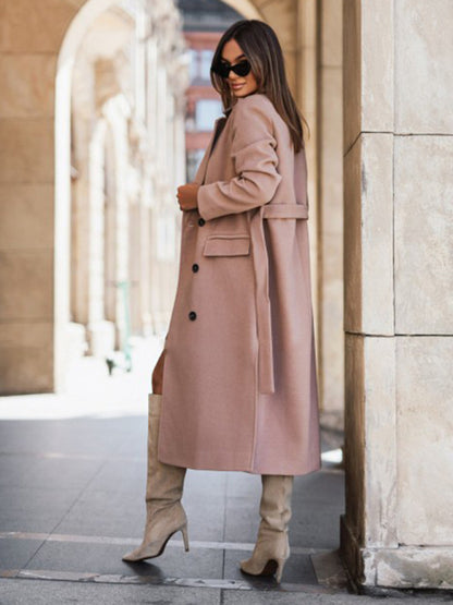 Trench Coats- Longline Double-Breasted Belted Peacoat | Trench Coat- - Pekosa Women Clothing