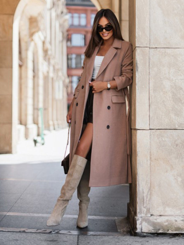 Trench Coats- Longline Double-Breasted Belted Peacoat | Trench Coat- - Pekosa Women Clothing