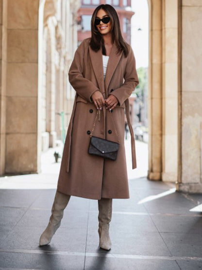 Trench Coats- Longline Double-Breasted Belted Peacoat | Trench Coat- - Pekosa Women Clothing