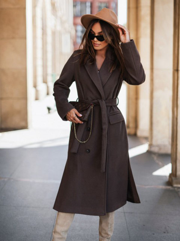 Trench Coats- Longline Double-Breasted Belted Peacoat | Trench Coat- Olive yellow- Pekosa Women Clothing