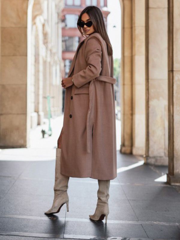 Trench Coats- Longline Double-Breasted Belted Peacoat | Trench Coat- - Pekosa Women Clothing