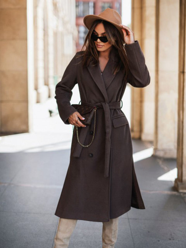 Trench Coats- Longline Double-Breasted Belted Peacoat | Trench Coat- - Pekosa Women Clothing