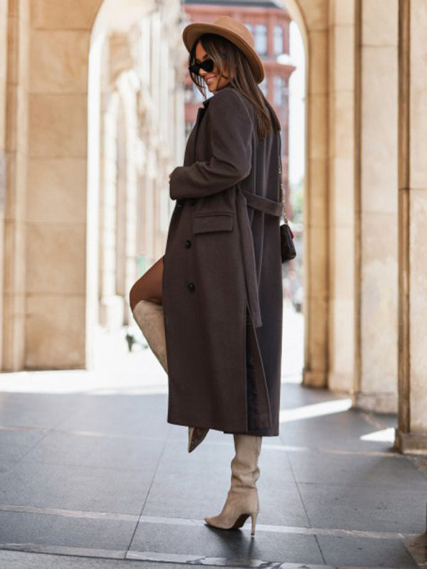 Trench Coats- Longline Double-Breasted Belted Peacoat | Trench Coat- - Pekosa Women Clothing