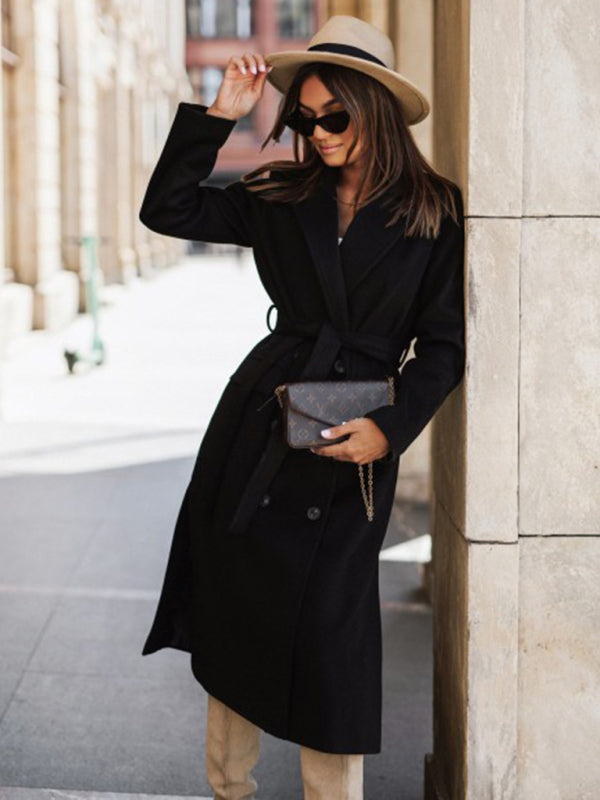 Trench Coats- Longline Double-Breasted Belted Peacoat | Trench Coat- Black- Pekosa Women Clothing