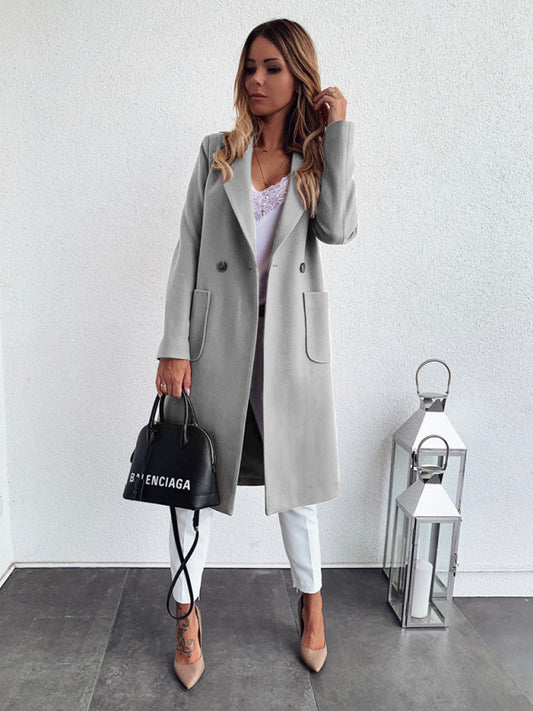 Trench Coats- Solid Woolen Double Breasted Pea Coat - Trench Coat- Grey- Pekosa Women Clothing