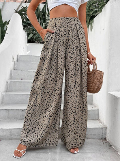 Trousers- Boho Ditsy Floral Trousers for Women - Wide-Leg Pants- Khaki- Pekosa Women Clothing