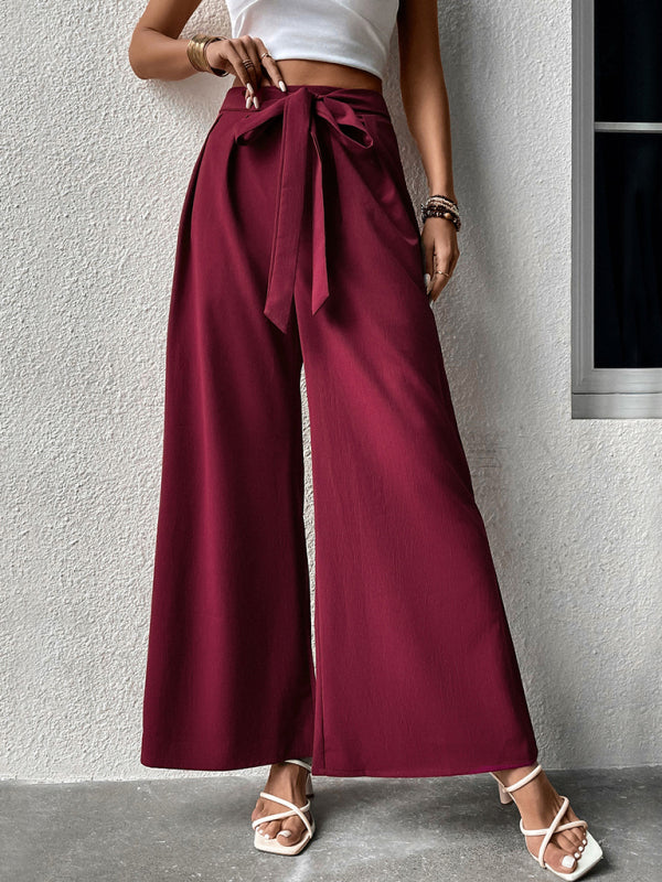 Trousers- Boho Women's Trousers with Waist Ribbon Knot Belt - Pants- Wine Red- Pekosa Women Clothing