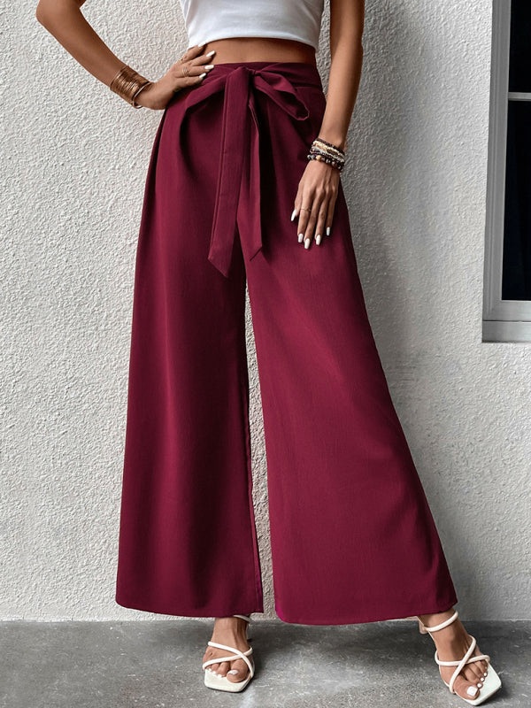 Trousers- Boho Women's Trousers with Waist Ribbon Knot Belt - Pants- - Pekosa Women Clothing