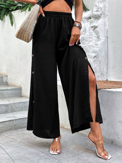 Trousers- Button Down Side Trousers: Elastic High-Rise Wide-Leg Pants- - Pekosa Women Clothing