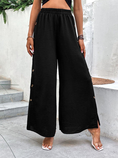 Trousers- Button Down Side Trousers: Elastic High-Rise Wide-Leg Pants- - Pekosa Women Clothing