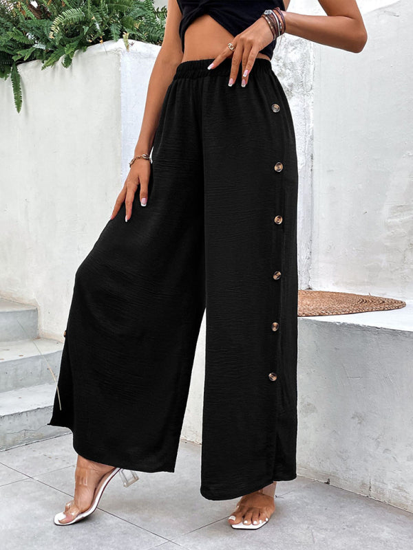 Trousers- Button Down Side Trousers: Elastic High-Rise Wide-Leg Pants- - Pekosa Women Clothing