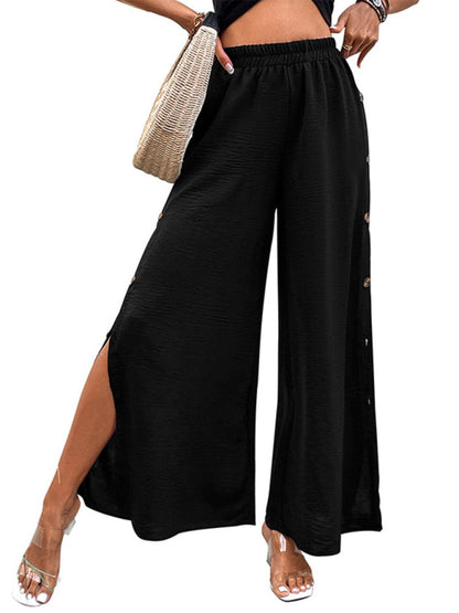 Trousers- Button Down Side Trousers: Elastic High-Rise Wide-Leg Pants- - Pekosa Women Clothing