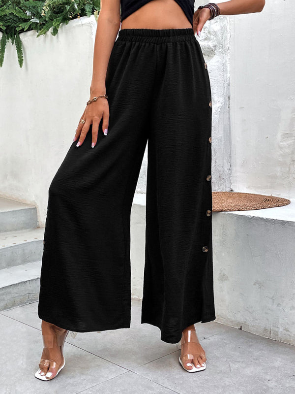 Trousers- Button Down Side Trousers: Elastic High-Rise Wide-Leg Pants- - Pekosa Women Clothing