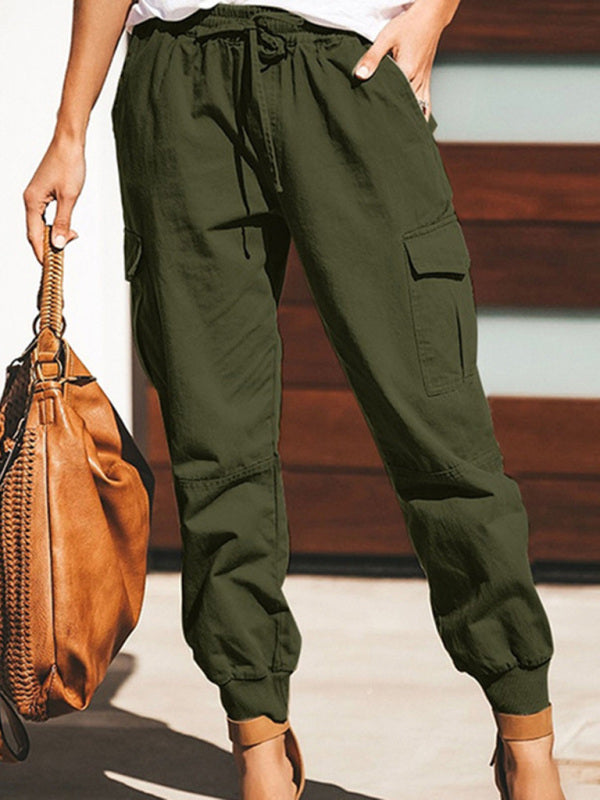 Trousers- Cargo Pants - Flap Pockets & Elastic Waistband Pants- Olive green- Pekosa Women Clothing