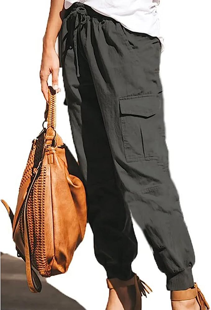 Trousers- Cargo Pants - Flap Pockets & Elastic Waistband Pants- - Pekosa Women Clothing